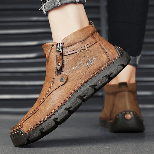 (⏰Last Day 70% OFF🔥)Men's Top-Quality Motorcycle Boots Hand-Stitched Genuine Leather Boots-Wide Toe, Waterproof， Anti-Slip， Anti-Sprain，Suitable for Work, Driving, Hiking