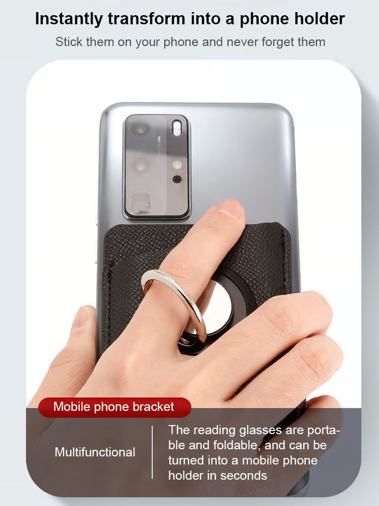 Reading glasses attached to the back of the phone
